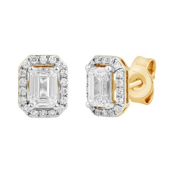 DewberryDiamonds 3/4 Cttw Emerald Cut & Round Cut IGI Certified Lab Grown Diamond Halo Stud Earrings for Women | 14k Yellow Gold Plated 925 Sterling Silver Earrings (Clarity: VS, Color: FG, 0.80 Ct)
