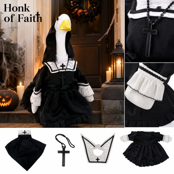 Halloween 23 Inch Porch Goose Costume, Nun Themed Full Coverage Outfit for Porch Goose Statue, Outdoor Yard Ornament (E)