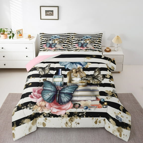 Manfei Colorful Butterflies Bedding Comforter Set,Fashion Girls Perfume Twin Comforter Sets,Gold Sequin Print Bedding Set For Kids,Breathable Home Decor Reversible,2 Pieces