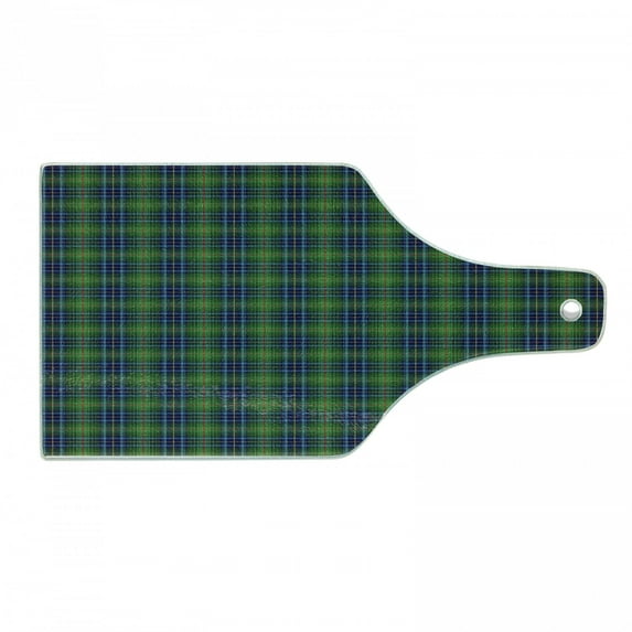 Plaid Cutting Board, Grunge Looking Vibrant Colored Scottish Folkloric Pattern with Cultural Retro Design, Tempered Glass Cutting and Serving Board, Wine Bottle Shape, Multicolor, by Ambesonne