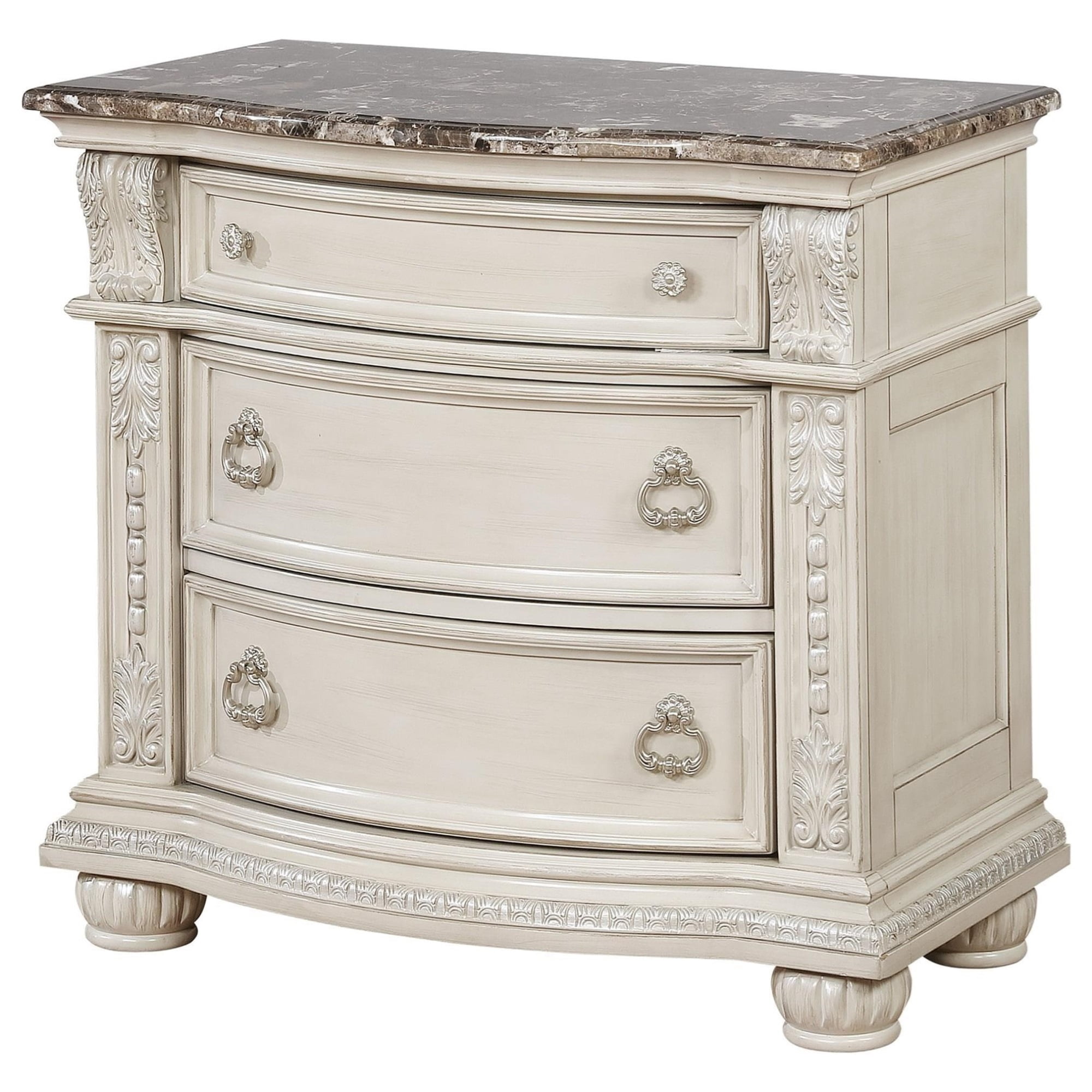 Wooden Nightstand with Three Spacious Drawers and Bun Feet, White