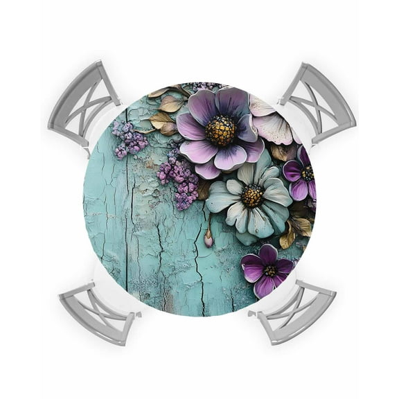 nqOlkjepod Retro Flower Round Tablecloth, Fitted Table Cover with Elastic for 55"-60" Round Tables, Blue Walls Mottled Vintage Country Farm Table Cloth Outdoor Dinning Party Waterproof Tablecloths
