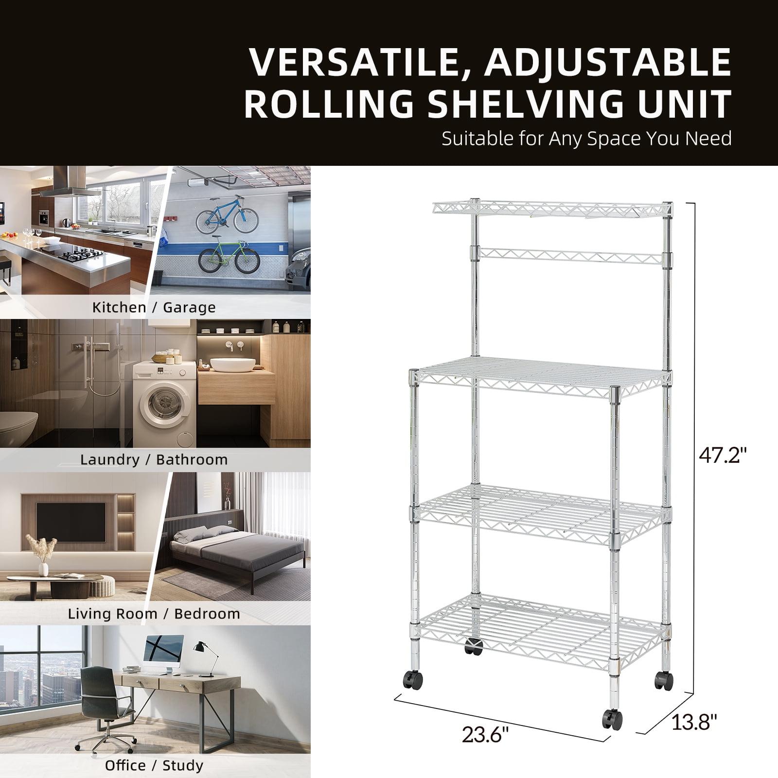 Ktaxon 4-Tier Kitchen Baker's Rack Rolling Microwave Oven Stand Utility Kitchen Cart Island with Storage Shelves, Silver Finish
