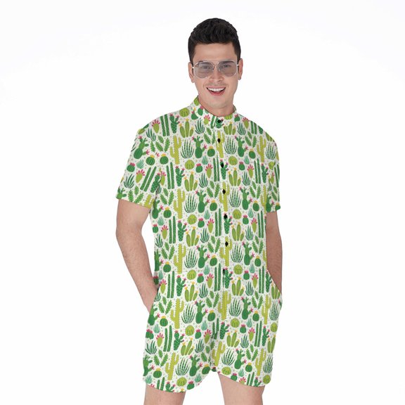 White Cactus Plant Pattern Short Sleeve Men'S Rompers, Cactus Planter Gardening Casual Summer Jumpsuits Outfit