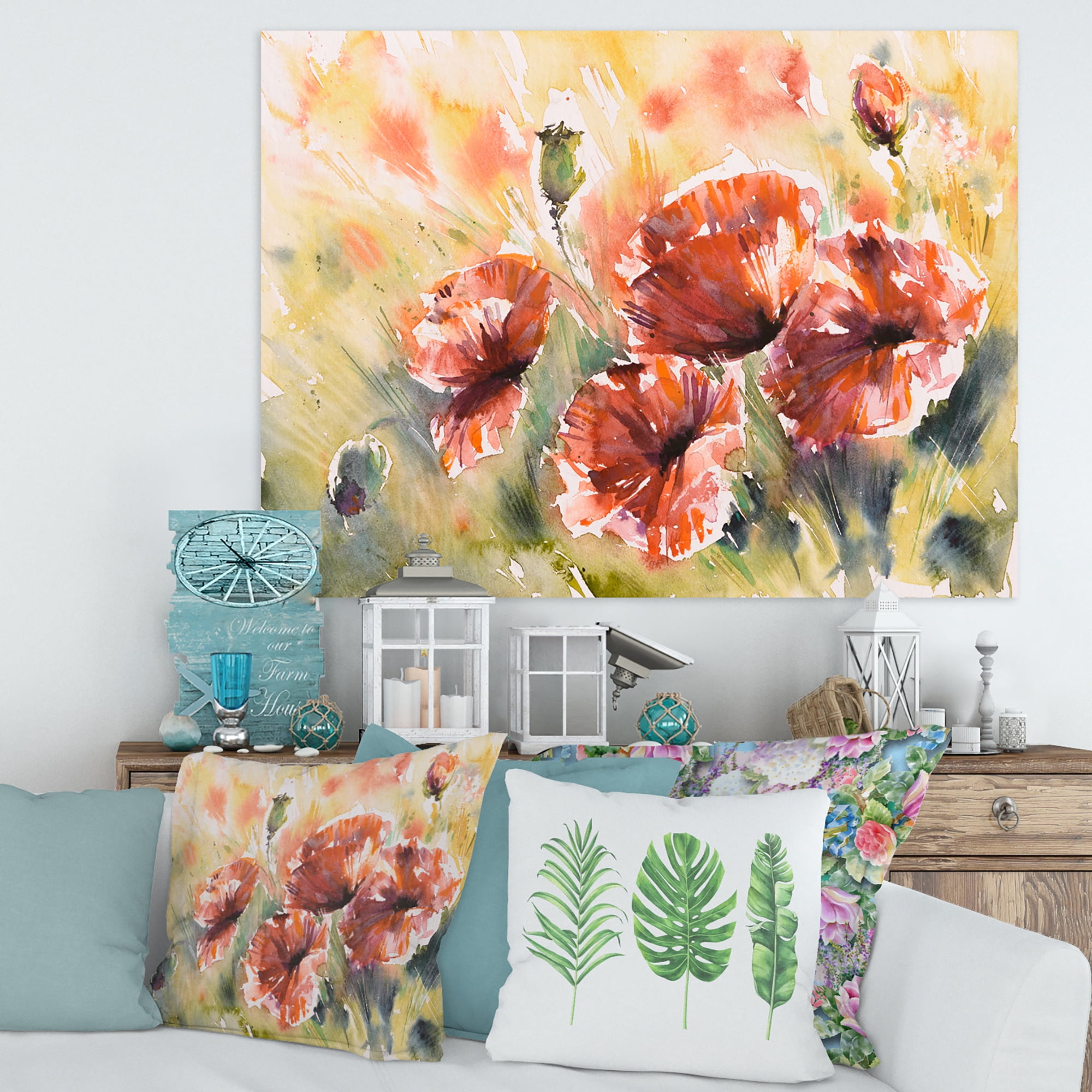 Designart ' Abstract Red Poppy On A Field ' Traditional Canvas Wall Art Print