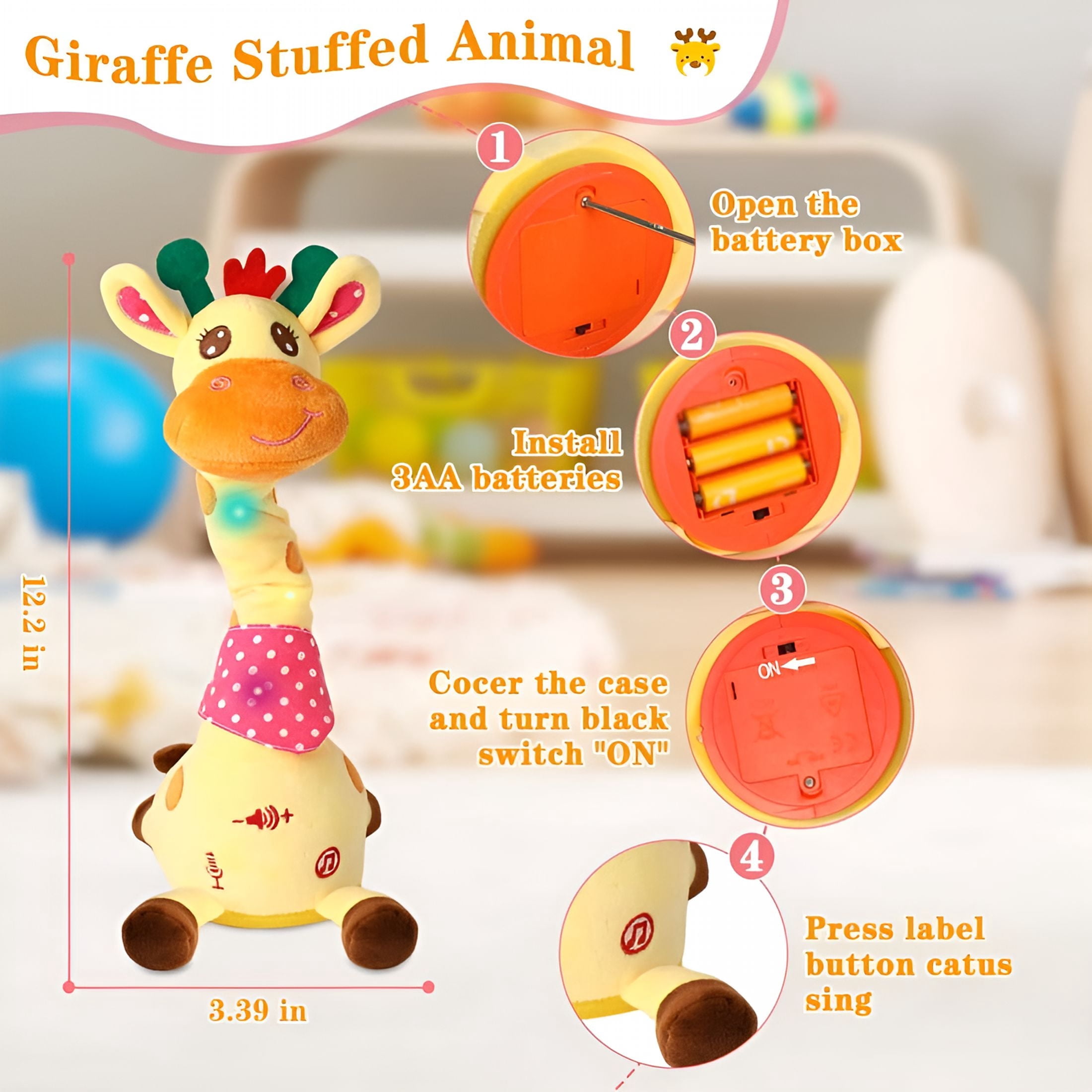 BESTSKY 2026 New Giraffe Stuffed Animal Baby Toys – Musical Plush,Adjustable Volume,15S Recording,Fits Indoor/Outdoor for Nursery,Bedroom,Playroom,Stroller Cute Gift(1Pc)