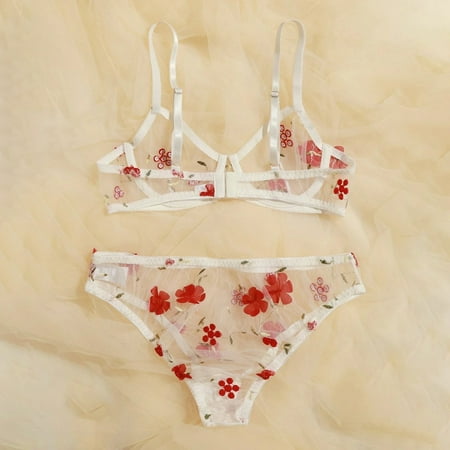 

B91xZ Lingerie For Women Lace Thong Sexy Bustier Bra Flowers Lingerie Bralette G-string Embroidery Lingerie That Covers White M