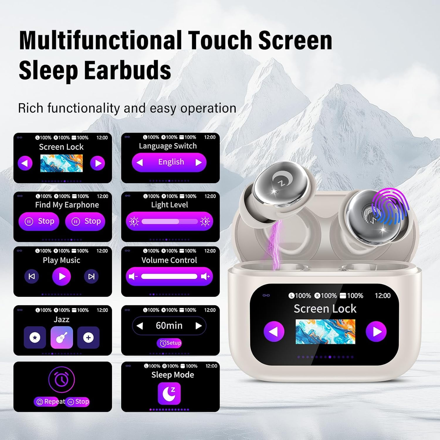 Sleep Earbuds Bluetooth 5.4 in Ear Smart Touch Screen Headphones, 48H Noise Cancelling Ear Buds with 5 EQ Modes, Mini Wireless Headphones Small Design for Side Sleepers, Clear Calls Earphones, IPX7