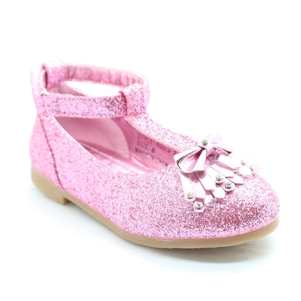 Bee Happy Little Girls Pink Glitter Bow Adorned TStrap Dress Shoes