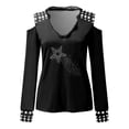 thumbnail image 4 of IROINNID Reduced Womens Long Sleeve V-Neck Shirts Lounge Printed Sexy Strapless Pullover Off Shoulder Blouse T shirt Tops,Black, 4 of 5