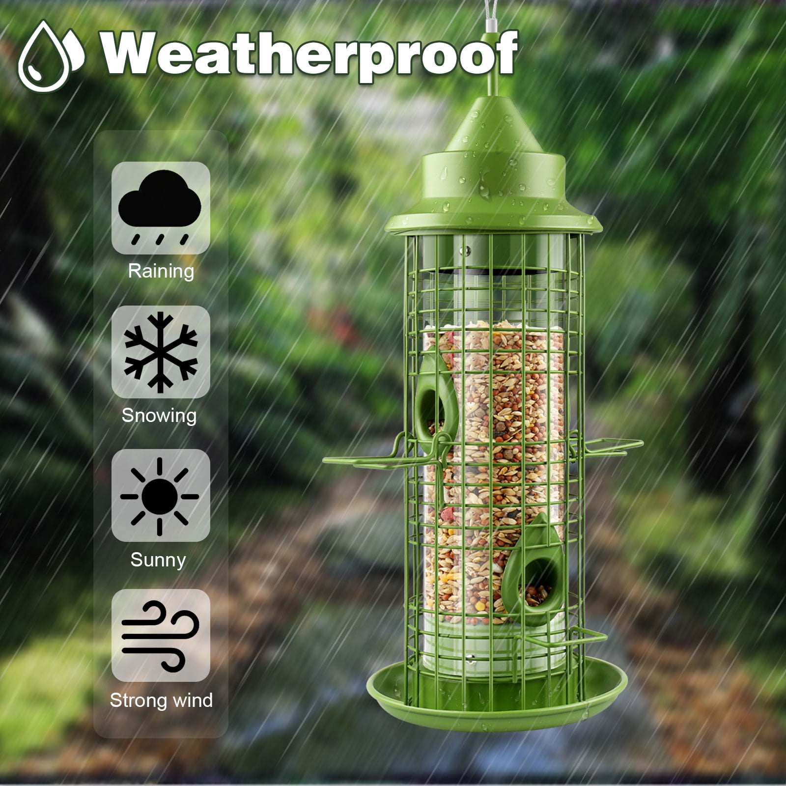 UPSKY Durable 4-Perch Multi-Bird Tube Feeder with Roof 2.2 lb Capacity, Green