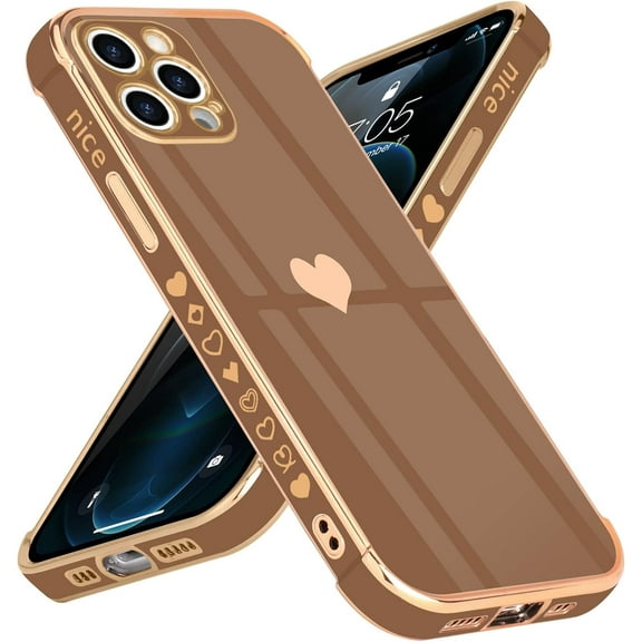 for iPhone 12 Pro Case for Women Girls 6.1 Inch, Cute Gold Heart Pattern Slim Soft TPU Silicone [Shockproof Bumper] Protective [Scratch Resistant] Girly Phone Case for iPhone 12 Pro-Brown