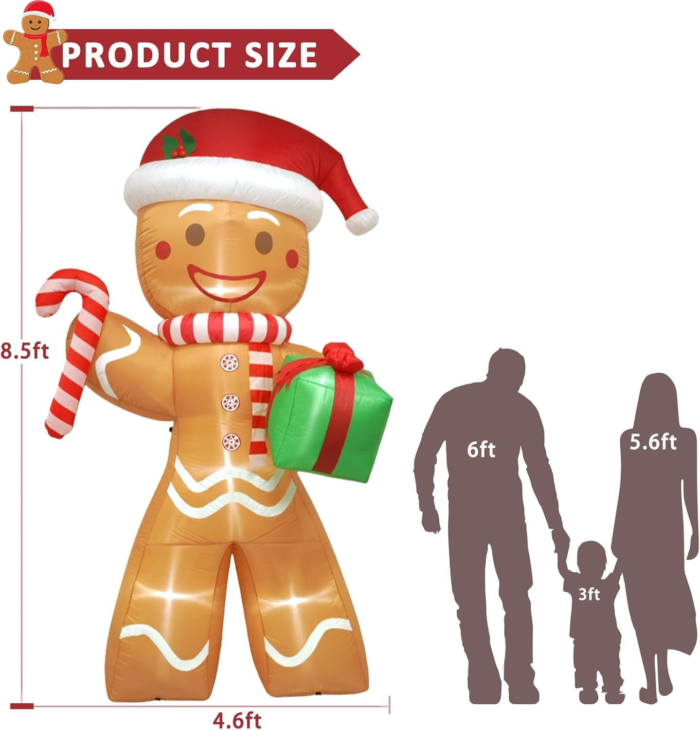 8.5FT Christmas Inflatables Gingerbread Man Outdoor Decorations, Blow up Christmas Yard Decorations with Build-in LED Lights, Weatherproof Holiday for Garden Patio Lawn Party Xmas Gifts