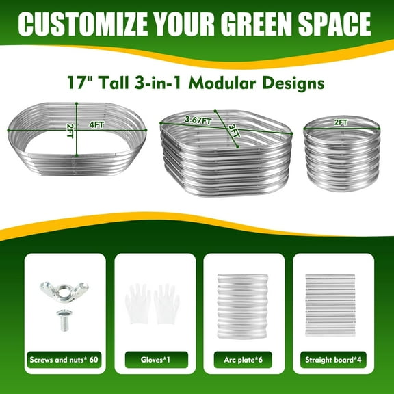 17" Tall Elevated Oval Metal Raised Garden Bed - 4ft x 2ft Silver Planter Box for Vegetables Flowers Succulent at /Garden Outdoor