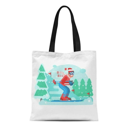SIDONKU Canvas Tote Bag Smiling Cross Country Skier Riding on Ski Track Snowy Durable Reusable Shopping Shoulder Grocery