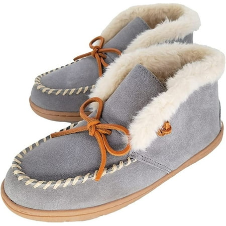 

Clarks Women s Moccasin Bootie Slippers JMH1814B - Suede Indoor/Outdoor Slip-Ons with Faux Fur Lining & Non-Slip Gripped Rubber Outsole - Ladies Comfy & Fluffy Ankle Boots for Winter Use Grey...