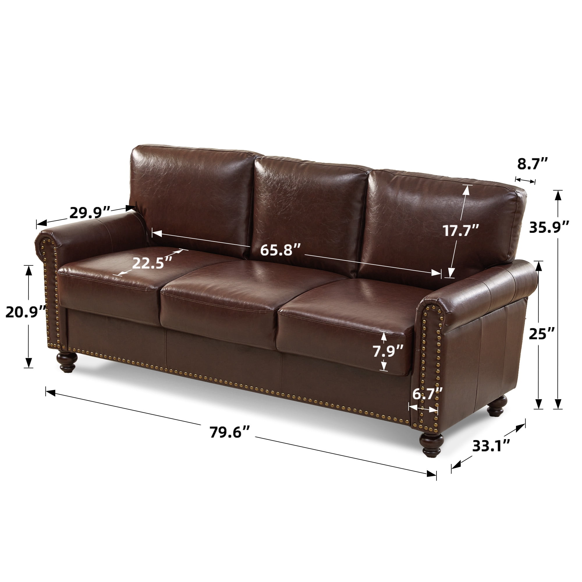LeChapitre Faux Leather Sofa with Storage Seats, Classic 3-Seater Couch with Nailhead Trim (Dark Brown)