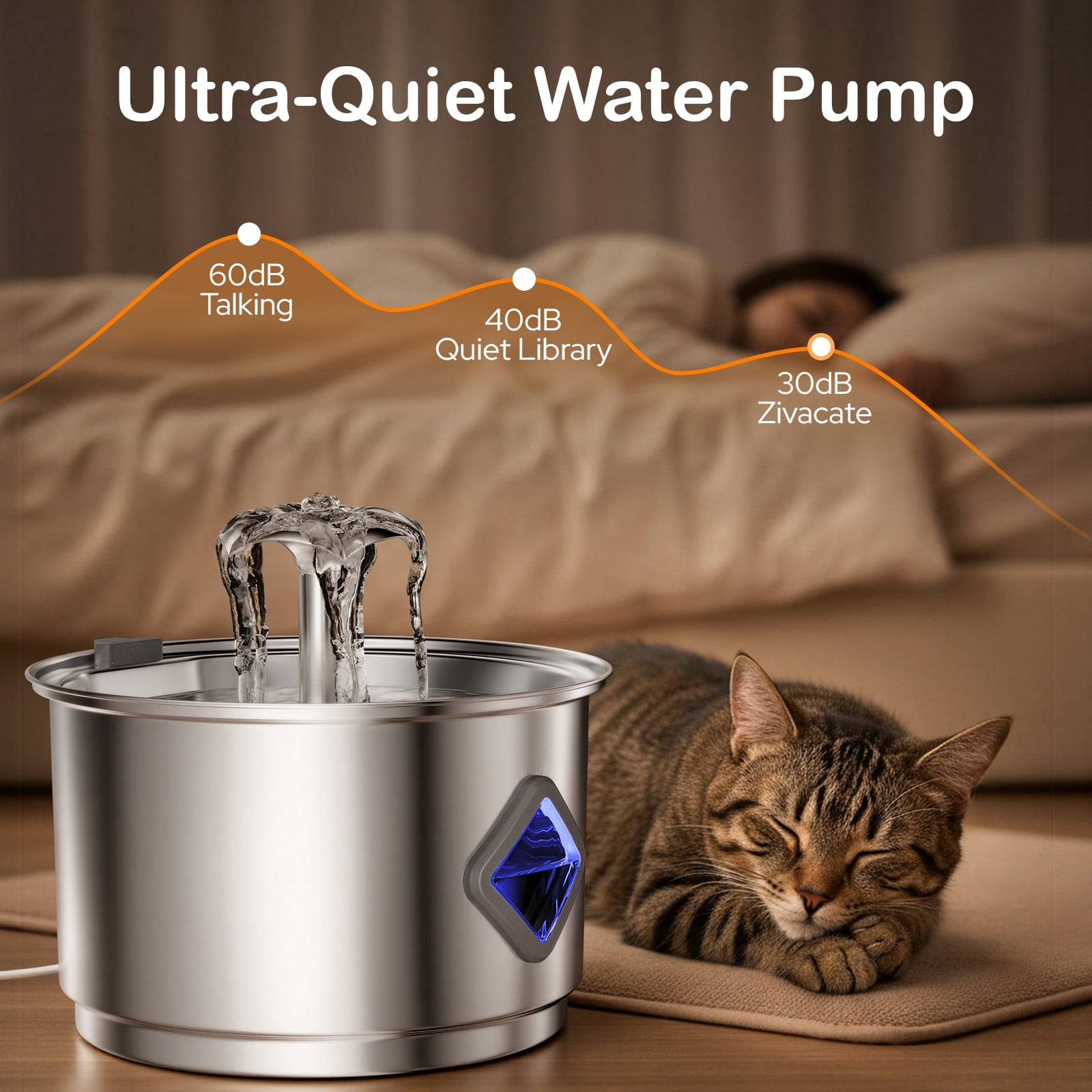 Euqvunn Cat Water Fountain Stainless Steel, 2.8 L Cat Fountain for Drinking, Pet Water Fountain for Cats Inside, Automatic Pet Fountain Quiet Cats Water Dispenser with Flower Kitty Spout