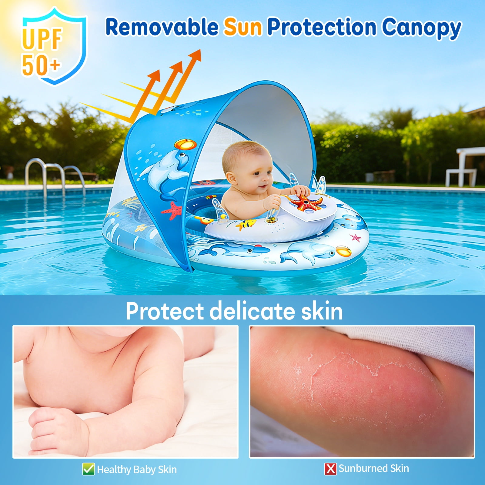 Baby Pool Float with Canopy UPF50+ Sun Canopy, Inflatable Kids Pool Floats, Anti-Flip Double Air Chambers, Infant Swimming Float with Adjustable Safety Seat for 6-36 Months Boys Girls.