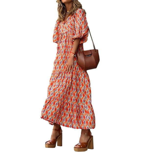 Kmbangi Robe Longue pour Femmes à Imprimé Géométrique, Col en V, Manches Longues Bouffantes, Coupe Ample, Robe Mode pour le Printemps et l'Été