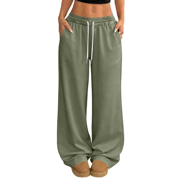 YIFUNIN Women's Solid Color Elastic Waist Wide Leg Pants, Casual Drawstring Trousers for Lounge Wear, Loose Fit Comfortable Everyday Bottoms,Army Green L