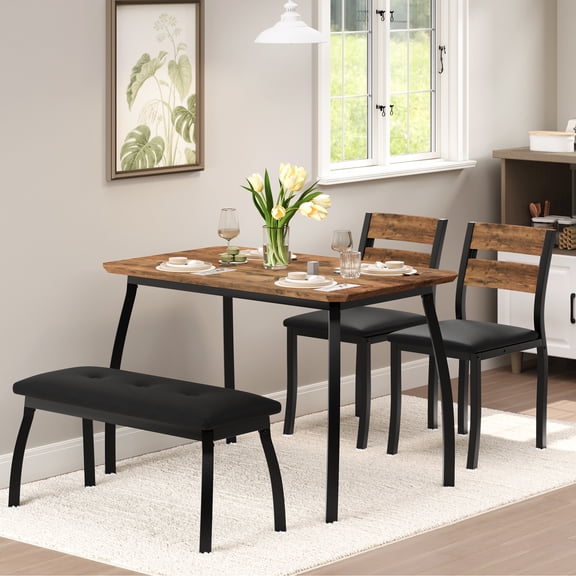 Space-Saving 5-Piece Dining Table Set for 4, Modern Wooden Kitchen Table with Upholstered Bench & 2 Cushioned Chairs, Sturdy Dinette Set for Small Dining Room, Apartment, or Kitchen Corner