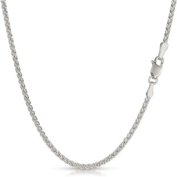 14K White Gold Solid Wheat 2mm Chain, FREE Microfiber Cloth, Round Braided Spiga Link Mens Womens Necklace, Giorgio Bergamo 16