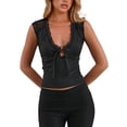 thumbnail image 3 of Women'S Deep V Neck Lace Tank Top Summer Sleeveless Low Cut Shirt Tie Front Cropped Shirt Black M, 3 of 9