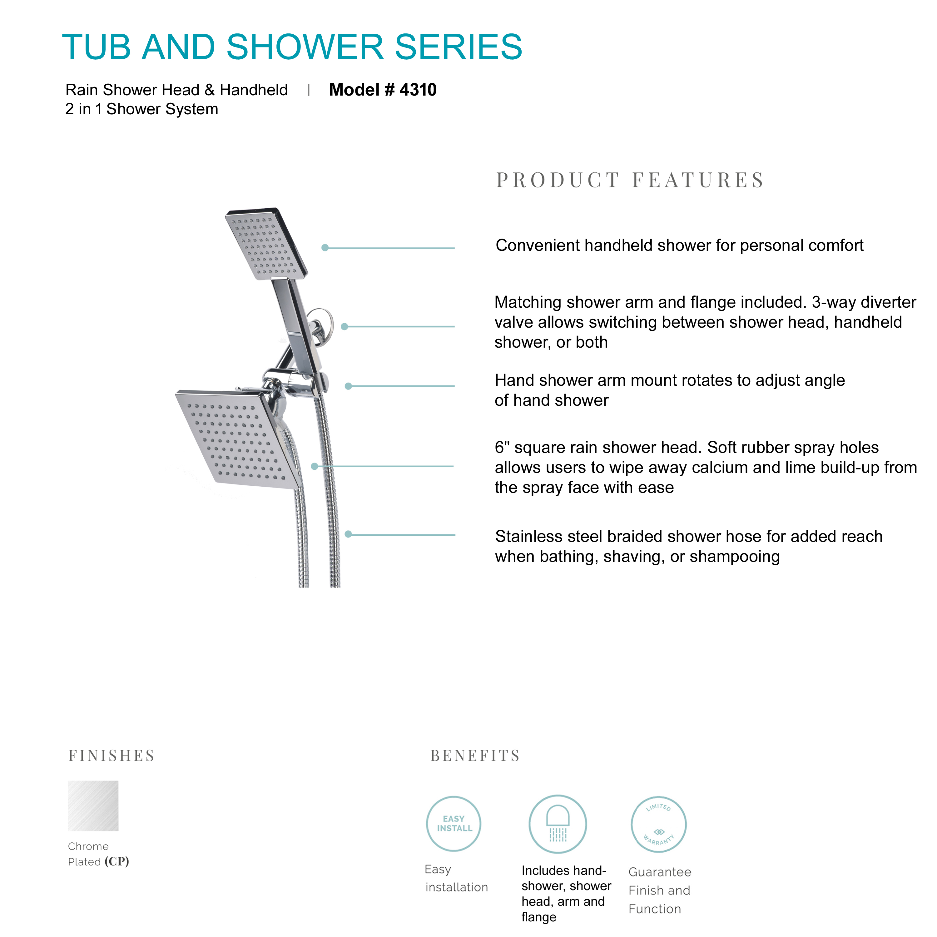 Laguna Brass 4310CP Bathroom 2 in 1 Rain Shower Head & Handheld Shower System with Stainless Steel Braided Hose and 3-Way Water Diverter Chrome Finish