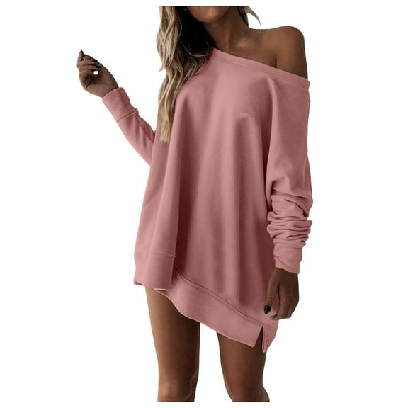 IROINNID Blouse for Women One-Shoulder Casual Long Sleeve Pullover Color Loose Shirt Sweater Tops Discount,Pink