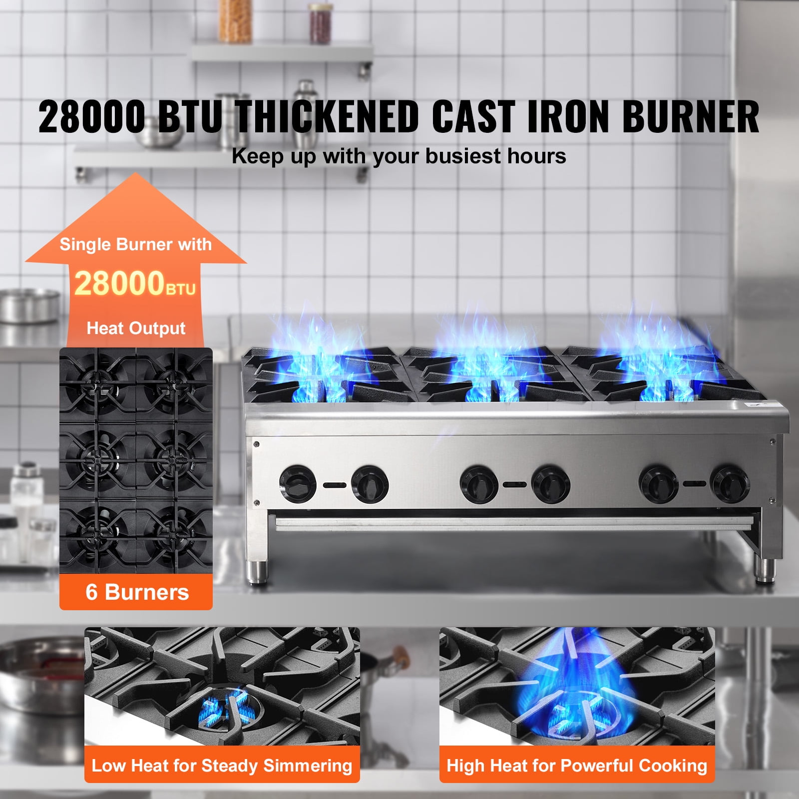 KFFKFF Gas Range for Commercial Kitchens, 6-Burner Countertop Model, Dual Fuel - Propane or Natural Gas, Made of Stainless Steel, Ideal for Restaurants, 168,000 BTU