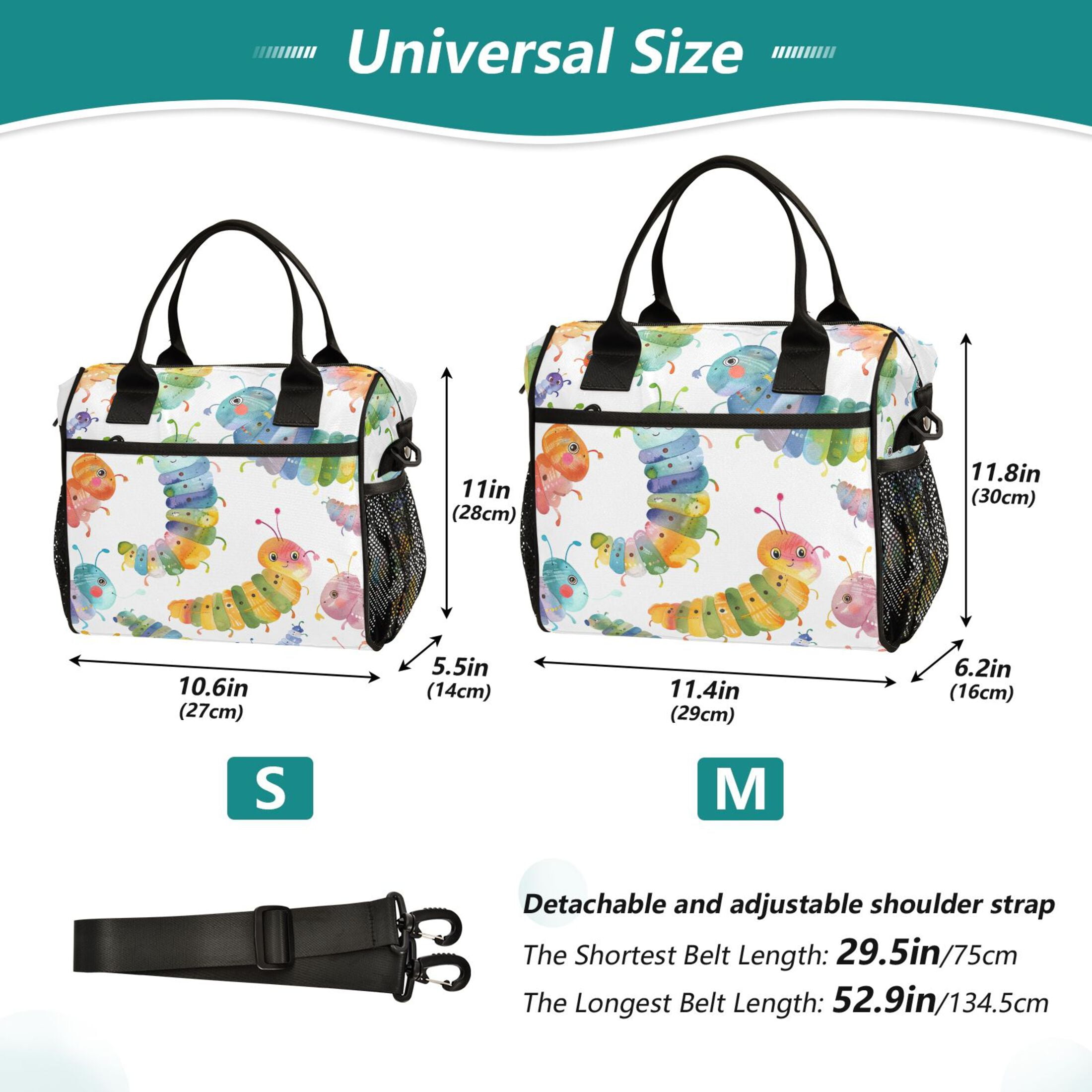 Cartoon Colorful Caterpillar Lunch Bag Insulated Lunch Box Leakproof Reusable Cooler Tote Adjustable Shoulder Strap for Men Women 9L