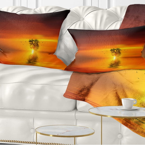 Designart Wonderful Tree with Birds at Sunset - Landscape Printed Throw Pillow - 12x20