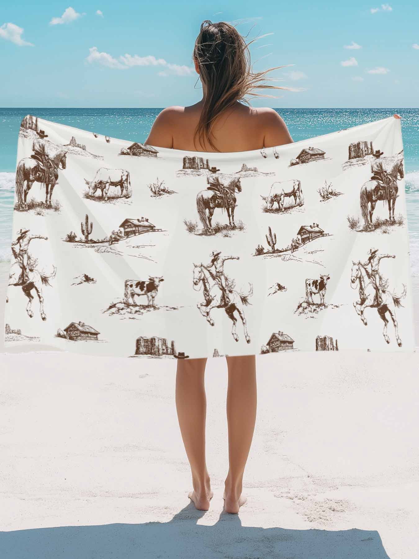 Western Farmhouse Beach Towels Blanket Soft & Absorbent Quick Dry Microfiber Cowboy Horse Desert Pool Towels for Swimming ,Yoga, Sports, Gym, Camping,Large 30X60in, Brown White