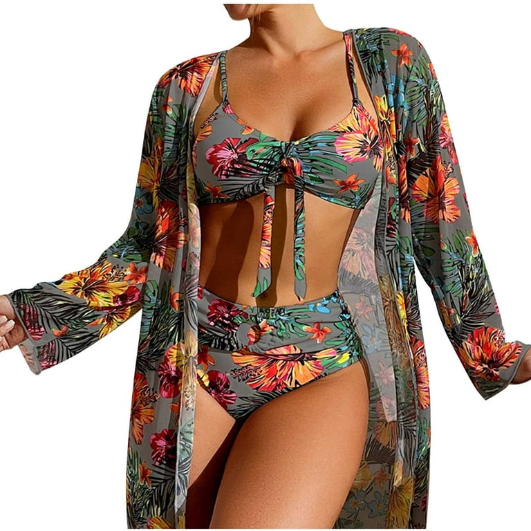 Jacenvly Clearance Two Piece Swimsuits for Women Female Long-Sleeved  Cover-Up Split Three-Piece Printed Sports Swimsuit