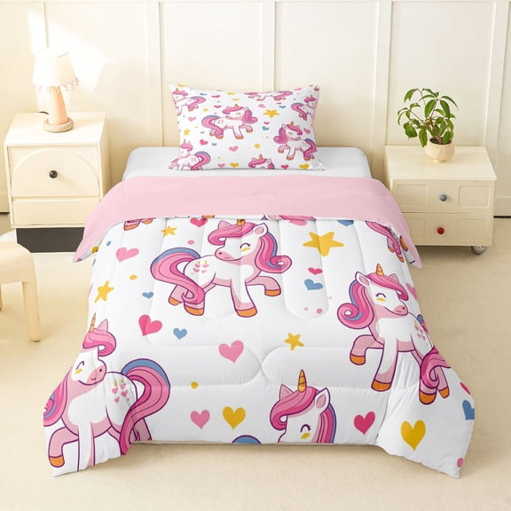 Manfei Lovely Unicorn Twin Comforter Sets,Playful Stars Heart Bedding Set,Pink White Multicolor,Pink Reversible,2-Piece,1 Comforter and 1 Pillowcase