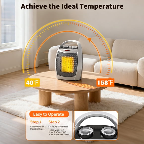 Chauffage d'Appoint Portable – Ventilateur Céramique Électrique avec Chauffage Rapide 1500W/750W – Thermostat Réglable, Fonctionnement Silencieux – Sécurité Homologuée ETL – Réchauffe jusqu'à 200 Pi2 – Argent, avec Poignée