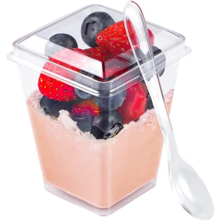 OSQI 50 Pack 5 oz Plastic Dessert Cups with Lids Parfait / Appetizer Cups for Party Mini Dessert Cups with Spoons Clear Plastic Cups Pudding Fruit Ice Cream Cups