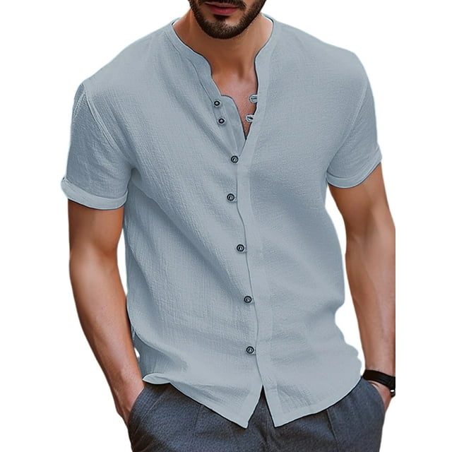 UKAP Mens T Shirt Stand Collar Tops Short Sleeve Shirts Solid Color Vacation Tee Grey M