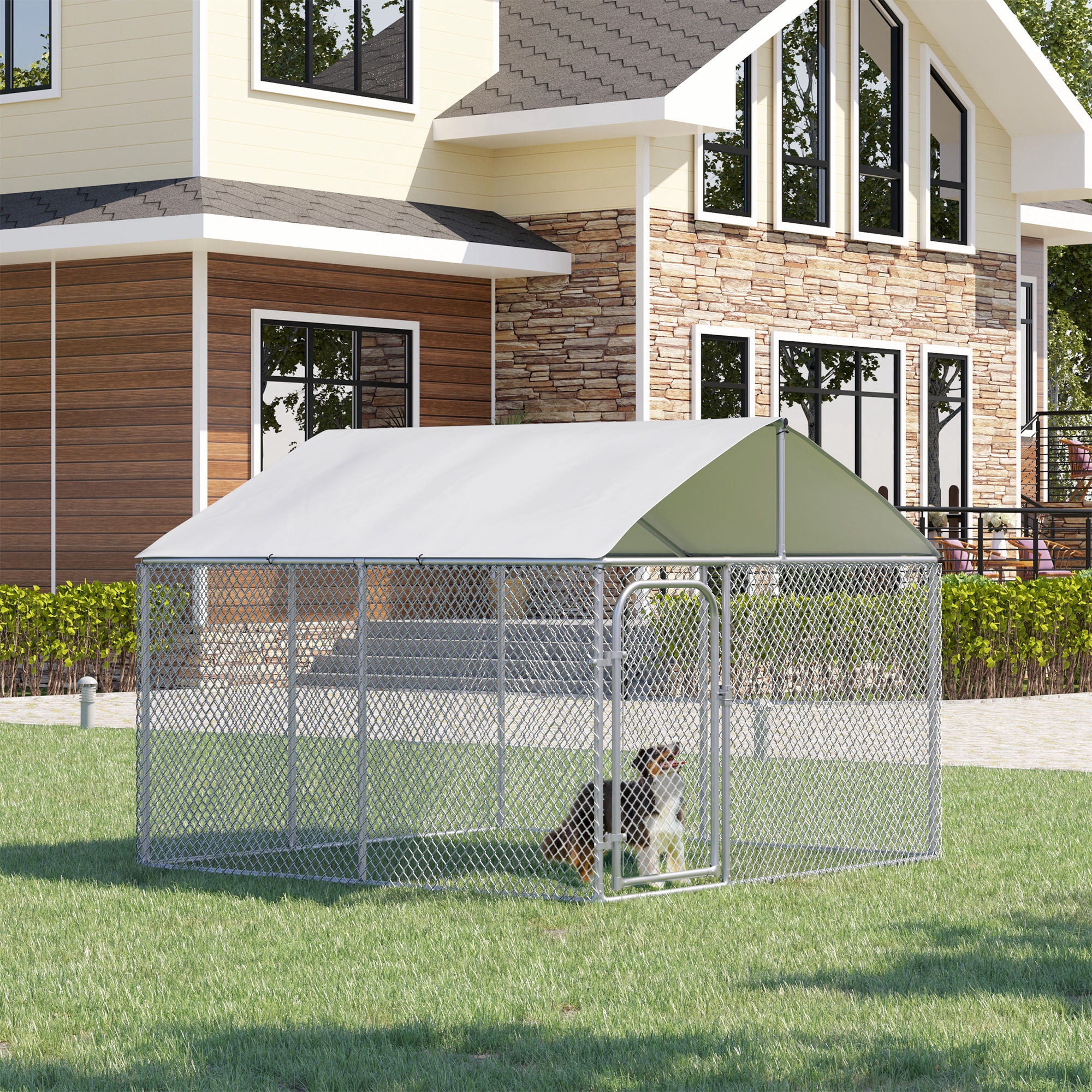 PawHut Outdoor Metal Dog Kennel, Pet Playpen with Steel Lock, Mesh Sidewalls and Cover for Backyard & Patio, 9.8' x 9.8' x 7.7'