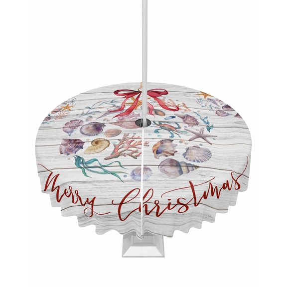Fsddascl Coastal Christmas Outdoor Tablecloth - 60 Inch Round Dining Table Cover, Xmas Balls Nautical Starfish Vintage Waterproof Outdoor Table Cloth with Umbrella Hole & Zipper for Picnic/Patio