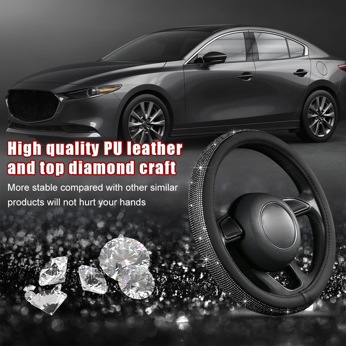 Bling Car Steering Wheel Cover, Sparkling Crystal Rhinestone Auto Wheel Protector, Anti Slip Cover Fit 15 Inch Steering Wheel for Women Girls, Universal Car Accessories (Black)