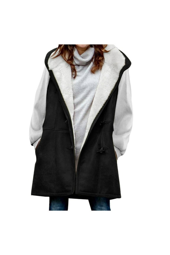 Horn Toggle Button Hooded Jacket Coat Pocket for Women Holiday Open Front Teen Girls Solid Trendy Outwear Sleeveless Casual Relaxed Daily Warm Black XXL