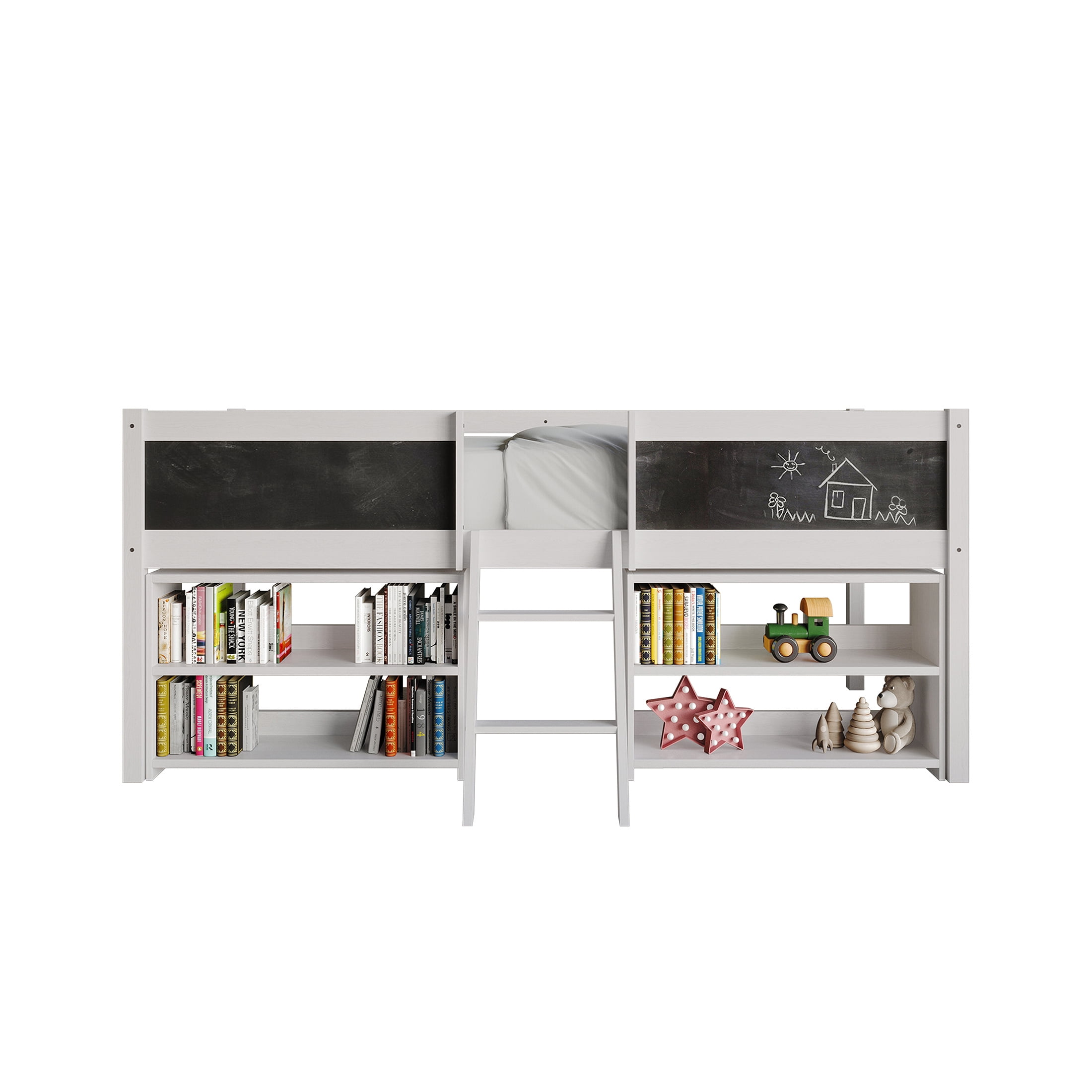 Castle Place Modern Twin Loft Bed with Storage Rack, White