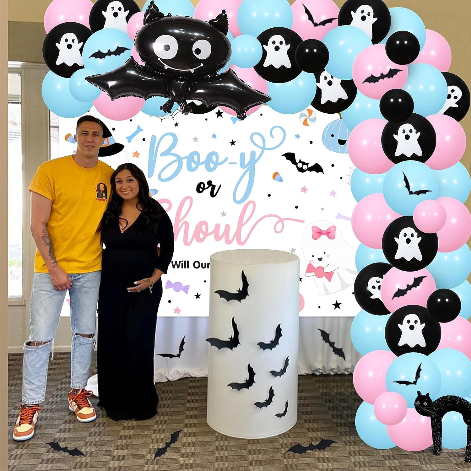 Halloween Gender Reveal Decorations, Boo-y or Ghoul Gender Reveal Backdrop Balloon Garland Arch Kit Bat Stickers for Halloween Spooky Ghost Pumpkin Baby Shower Little Boo Party Supplies