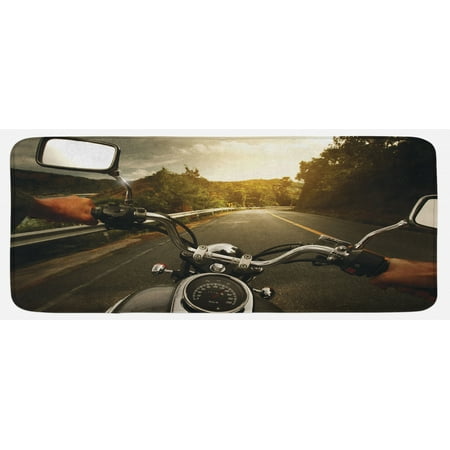 

Adventure Kitchen Mat Rider Driving a Chopper on Asphalt Road Within Forest Journey Photography Plush Decorative Kitchen Mat with Non Slip Backing 47 X 19 Forest Green Grey by Ambesonne