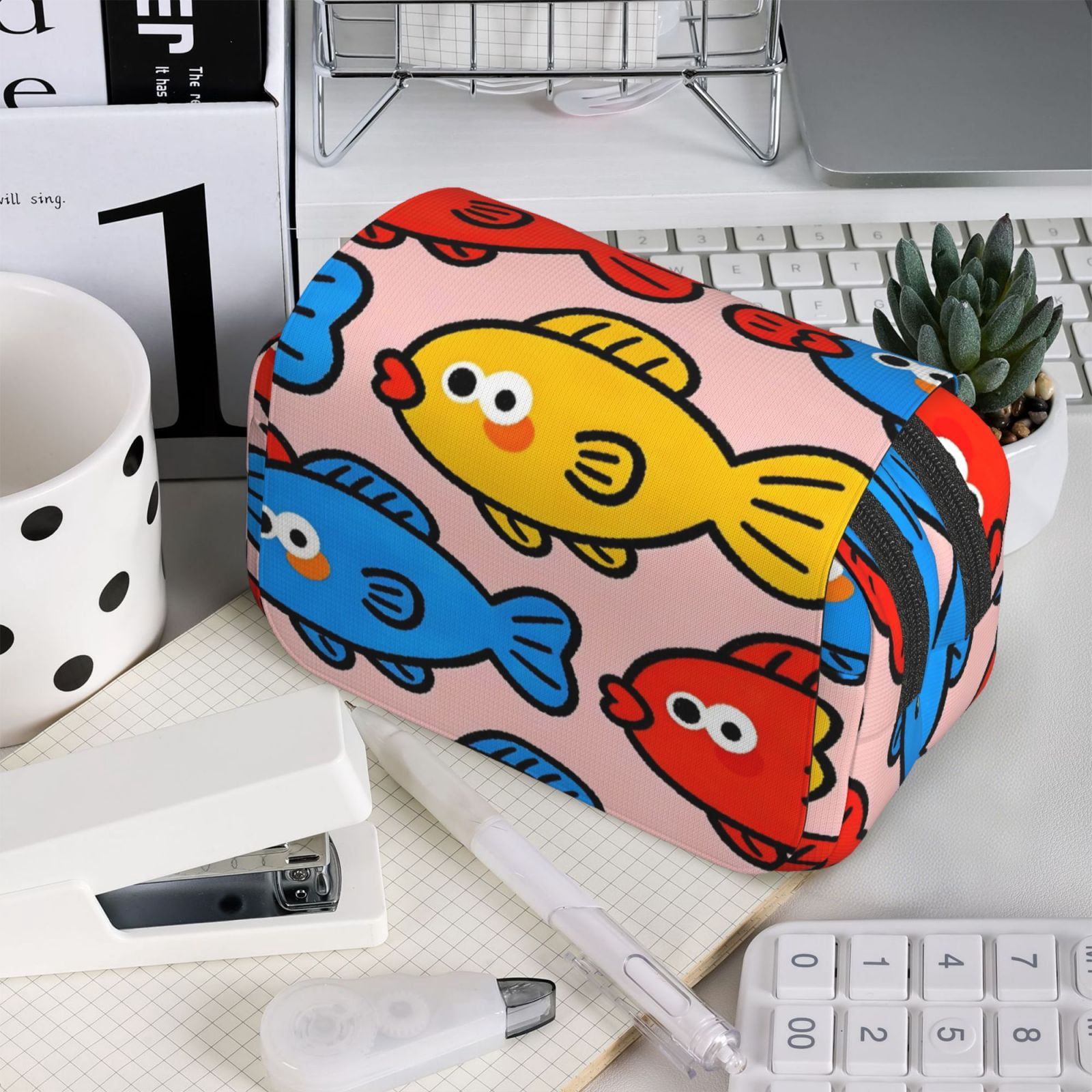 Large-Capacity Flip-Top Double-Layer Pencil Case, Multi-Functional Pocket Pen Case, Durable Stationery Organizer Cute Little Fish (7)