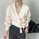 thumbnail image 2 of Cárdigan de cuello en V retro francés para mujer, abrigos de otoño 2023 con cordones, prendas de punto holgadas para mujer, suéter de manga larga liso con cintura de estilo holgado, 2 of 5