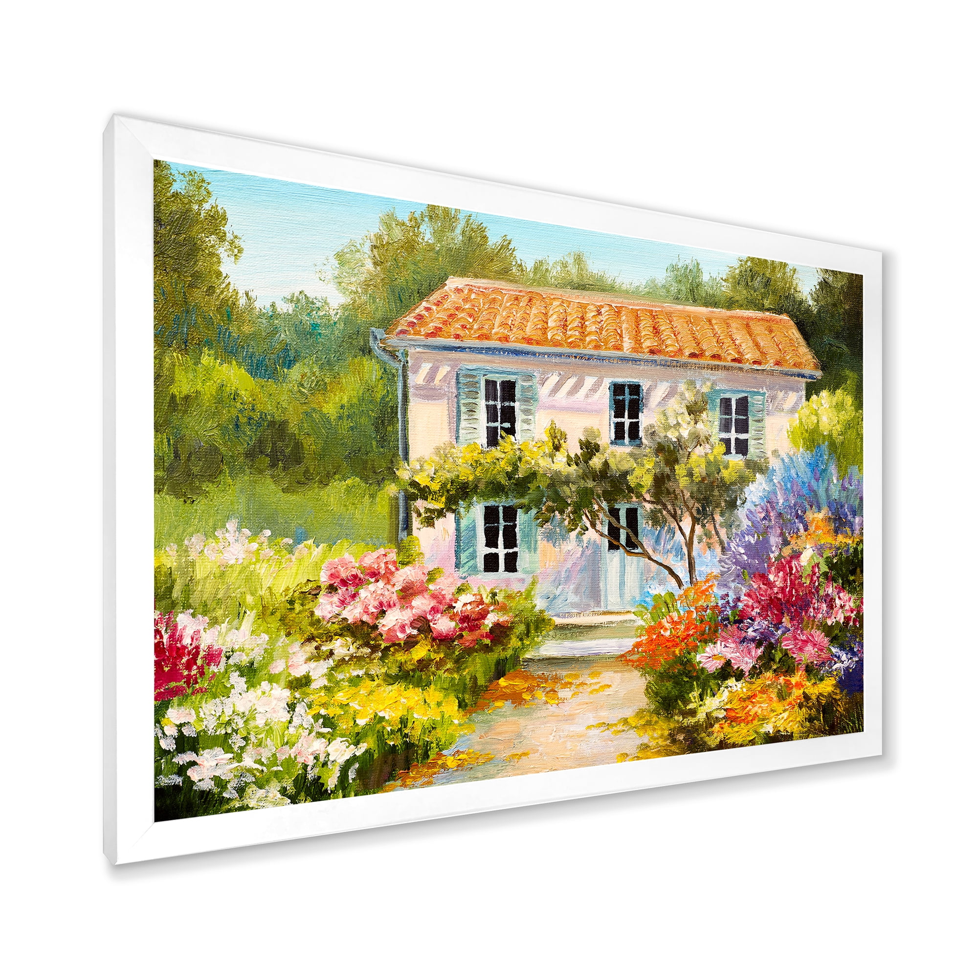 Designart 'The Mountain With Flowers With Little House II' Traditional Framed Art Print