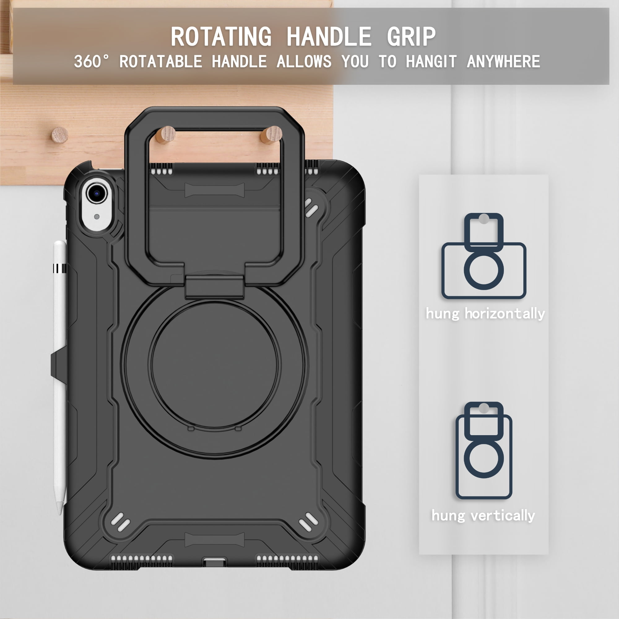 Dteck iPad 10th Generation Case, New iPad 2022 10.9 inch Rugged Case with Screen Protector, Rotating Stand/Pencil Holder/Carrying Shoulder Strap,Black